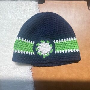 Crochet Beanie Hat Handmade Knit Winter Cap Blue Green White Flower